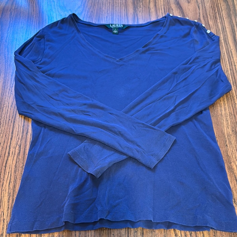 Lauren Ralph Lauren Navy V-Neck Long Sleeve Top Size Large